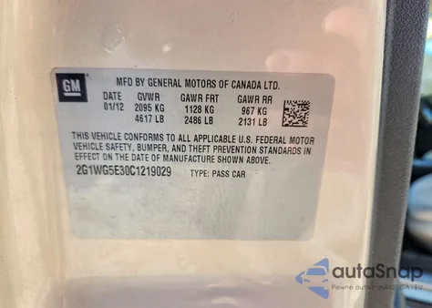 2012 Chevrolet Impala Lt z USA, uszkodzony, nr VIN 2G1WG5E30C1219029